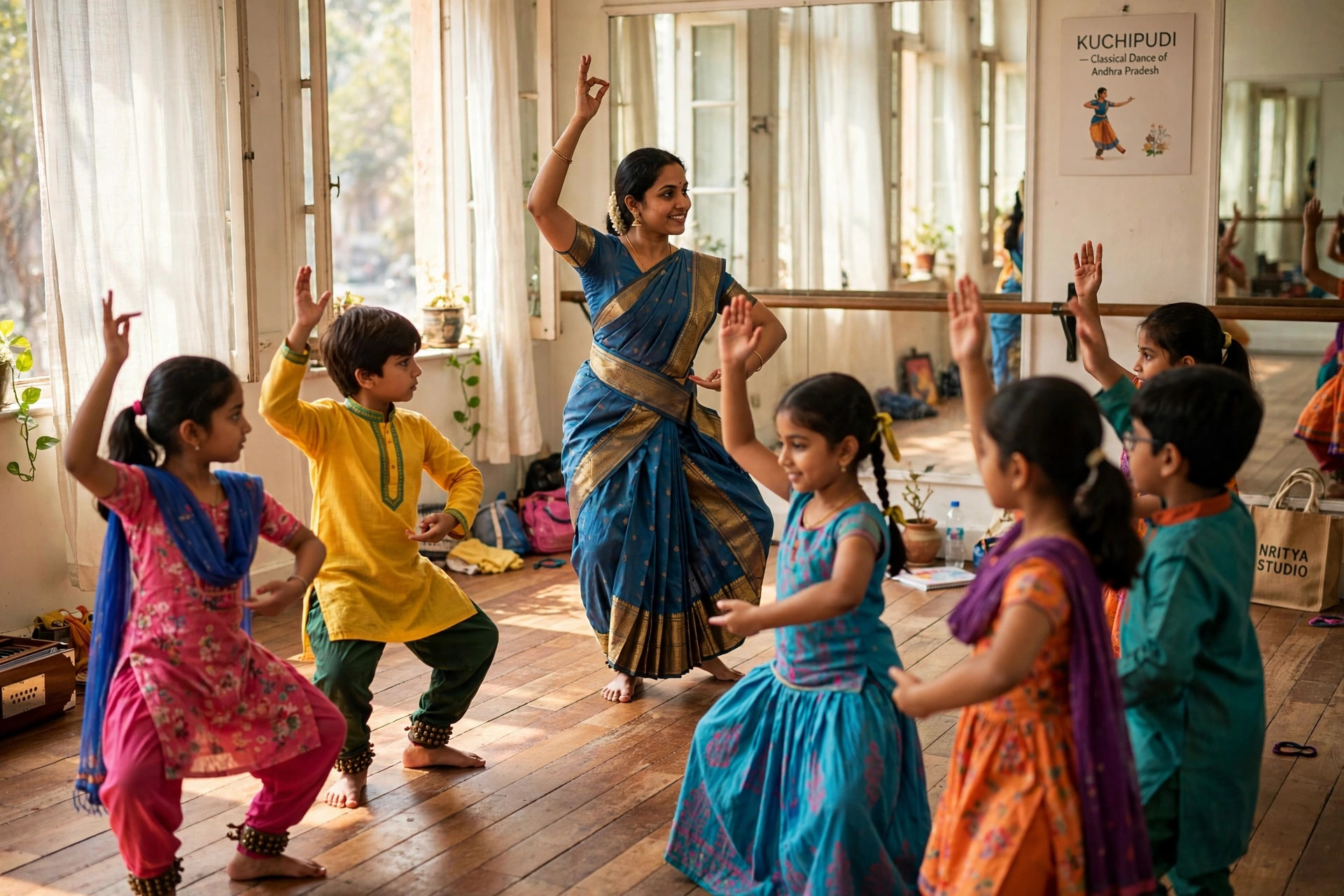 Young students learning Kuchipudi
